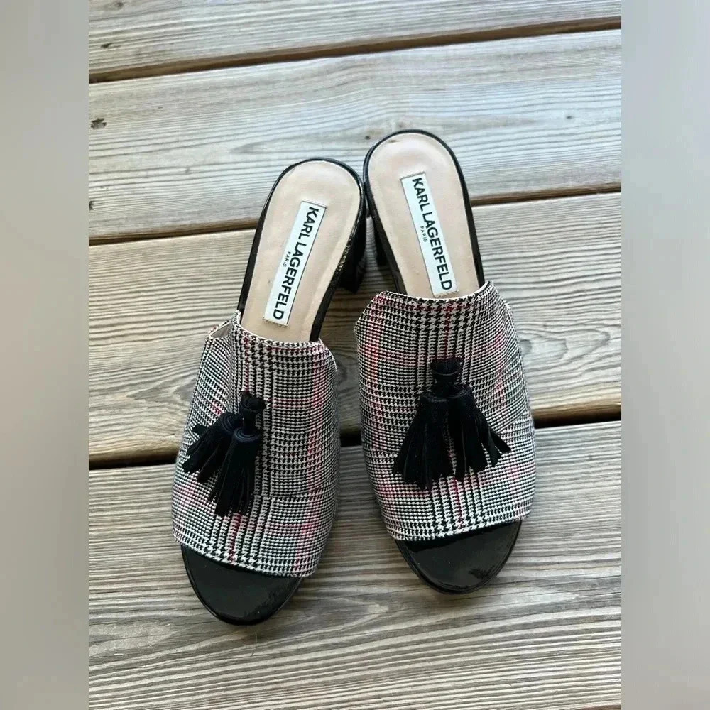 Karl Lagerfeld Paris Hettie Mules Heels Houndstooth Tassel Block Heel Sz 6.5